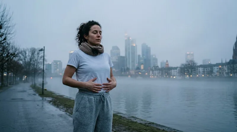 Frau macht konzentrierte Atemübung zur Behandlung von Hyperventilation
