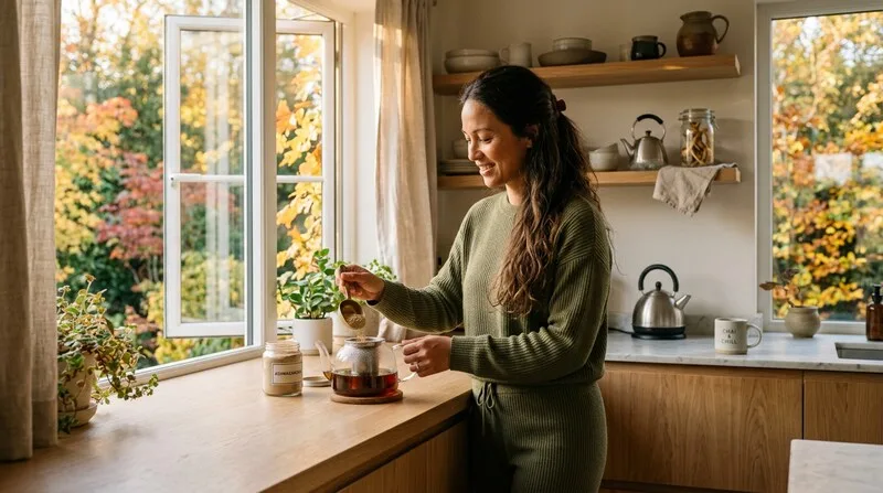 Person bereitet Ashwagandha Tee in der Küche am Abend zu