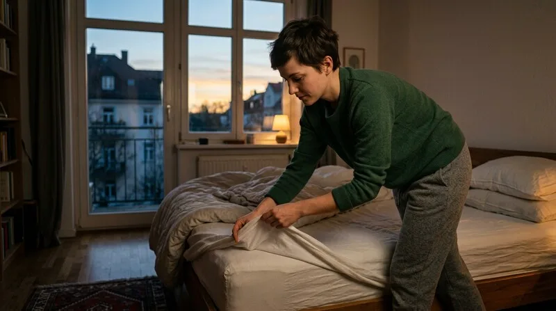Frau macht Bett morgens — Schlafhygiene Regeln