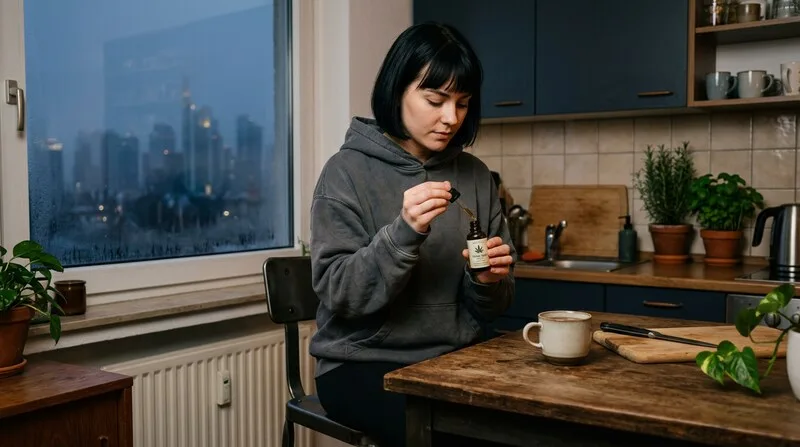 Frau hält CBD-Öl-Flasche in der Hand — CBD gegen Stress kaufen