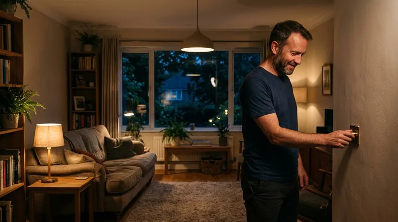Mann dimmt Licht im Wohnzimmer am Abend — warmes Licht fördert Melatonin