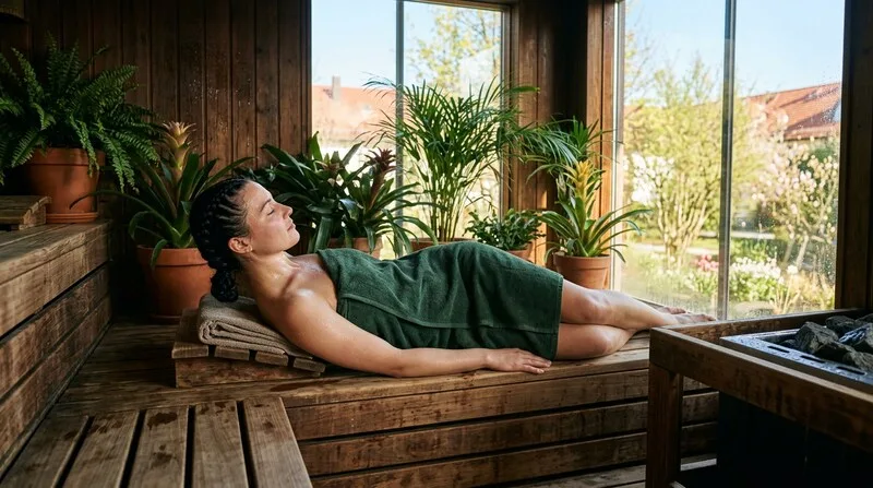Frau liegt beim Aufguss in der Sauna und schwitzt mit geschlossenen Augen — Sauna gegen Stress