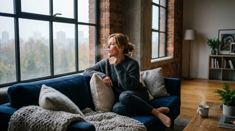 Frau schließt Vorhang im Schlafzimmer für totale Dunkelheit — Melatonin-Produktion fördern