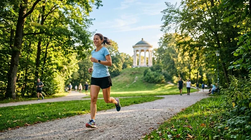 Frau joggt morgens durch den Park im Sonnenschein — Spaziergang baut Stress ab
