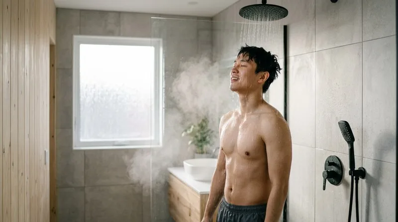 Mann nimmt morgens eine kalte Dusche — frisch und voller Energie durch Kältetherapie
