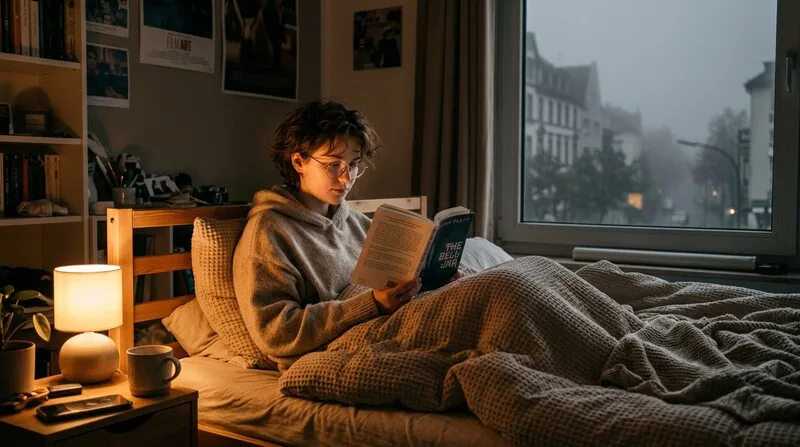 Frau liest Buch im Bett bei warmer Lampe — natürliches Einschlafen ohne Cannabis