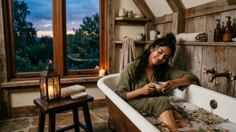 Frau macht Pause vom Bildschirm und schließt die Augen — Handy-Stress Digital Detox