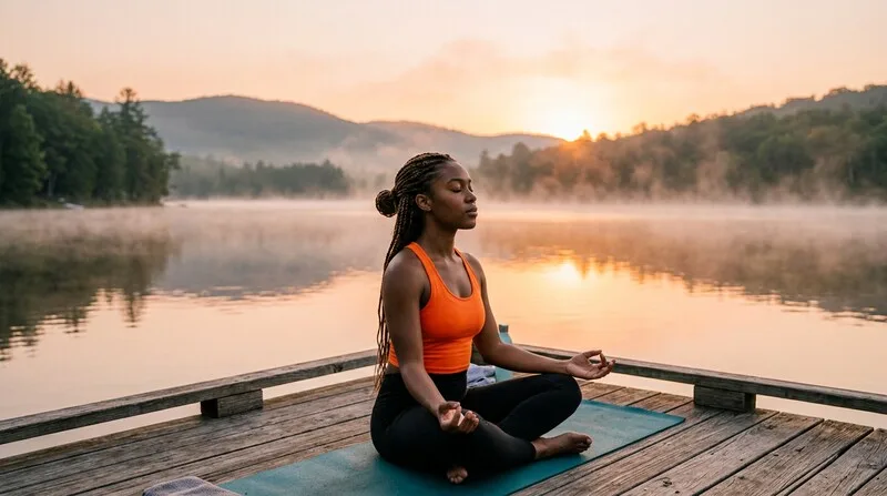 Frau macht Atemübung konzentriert und ruhig