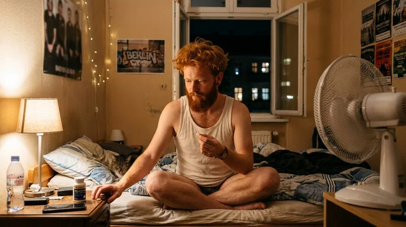 Person mit Kaffee erschöpft — Tagesmüdigkeit Ursachen