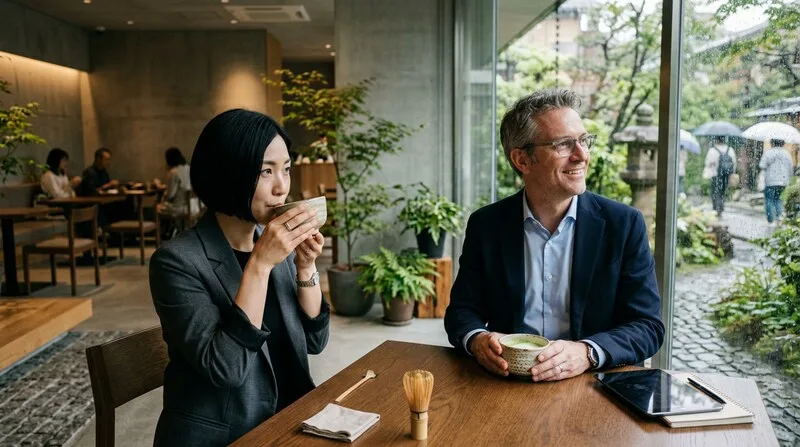 Zwei Personen trinken schweigend Tee — ruhige Momente gegen Nervosität