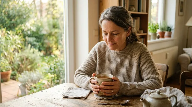 Frau schaut achtsam auf ihre Teetasse am Morgen — Achtsamkeit im Alltag