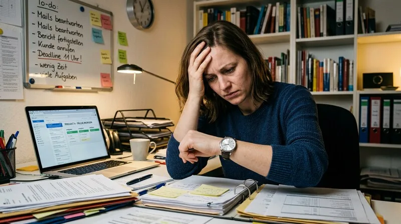 Frau schaut gestresst auf die Uhr — Cortisol