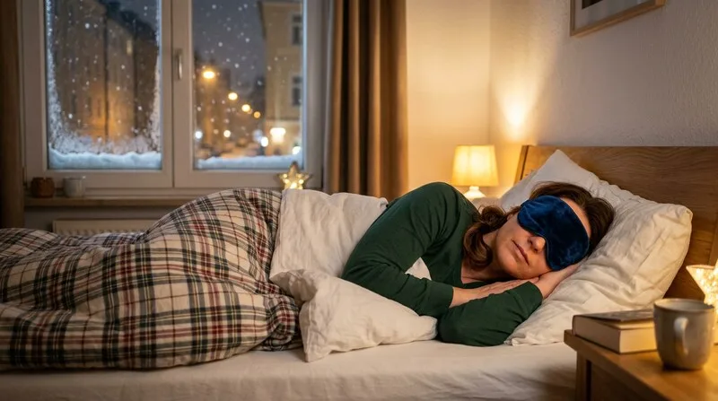 Frau schläft tief mit Schlafmaske — Cannabis bei Schlafstörungen Wirkung und Risiken