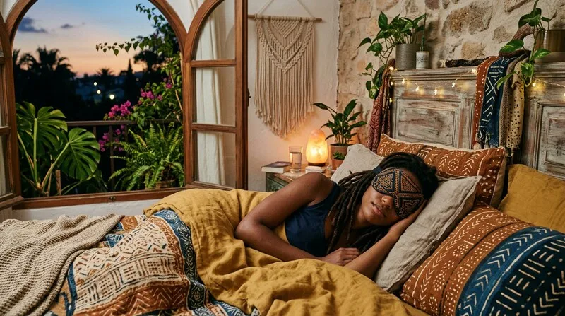 Frau schläft mit Schlafmaske ruhig im Bett