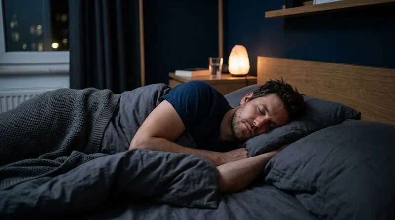 Mann schläft tief und ruhig im Bett