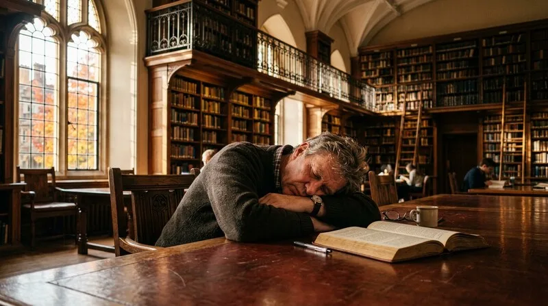 Mann schläft erschöpft am Schreibtisch — Tagesmüdigkeit als Zeichen unbehandelter Schlafapnoe