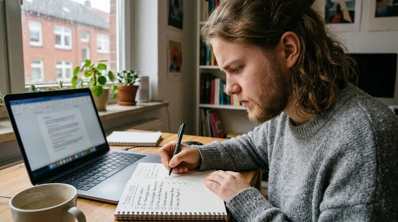 Frau schreibt Gefühle ins Notizbuch auf dem Sofa — Stressbewältigung Methoden