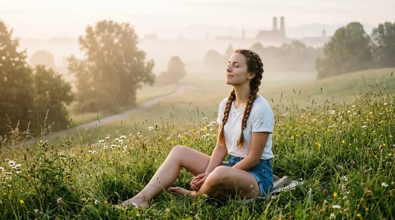Frau sitzt entspannt auf Sommerwiese und atmet tief ein — Stress abbauen