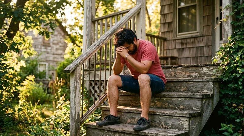 Mann sitzt erschöpft auf der Treppe mit dem Kopf in den Händen — chronische Erschöpfung