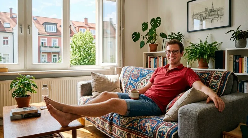 Mann liegt erschöpft auf dem Sofa mit Bauchproblemen
