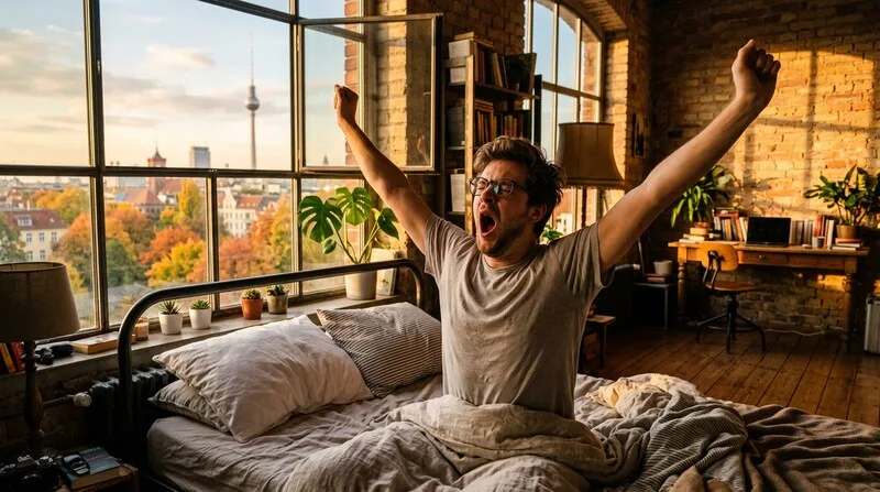 Frau schaut morgens auf Schlafanalyse der Smartwatch — Melatonin Dosierung und Nebenwirkungen