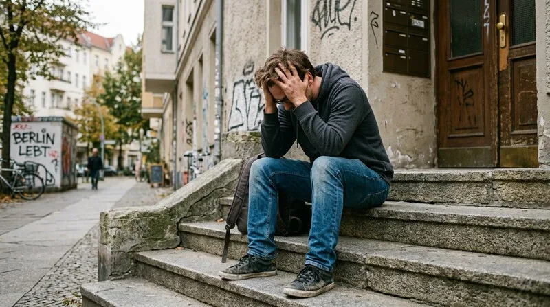 Mann sitzt erschöpft auf der Treppe mit dem Kopf in den Händen — körperliche Stress-Symptome