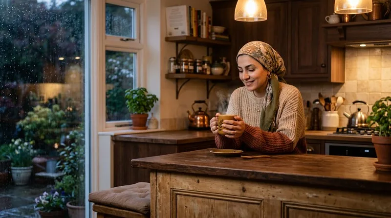 Frau trinkt Kamillentee ruhig am Abend in der Küche — beruhigendes Abendritual für besseres Durchschlafen