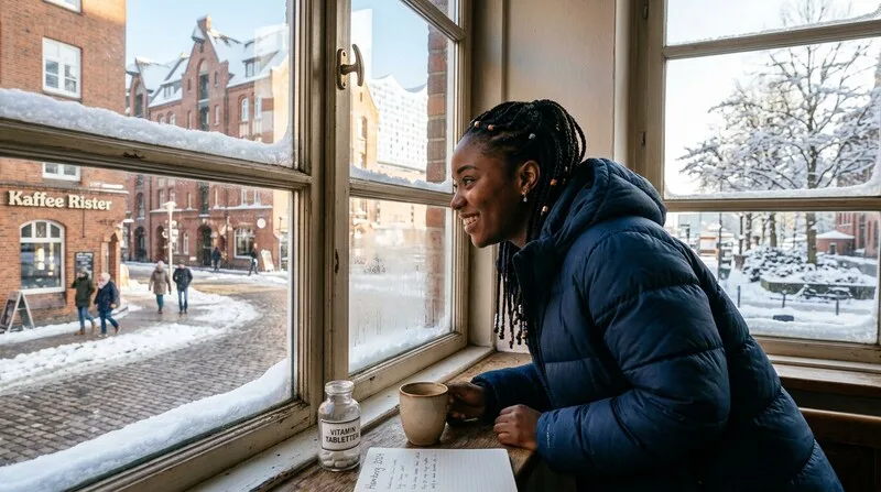 Person schaut auf Nahrungsergänzungsmittel-Tabletten am Fenster im Winter