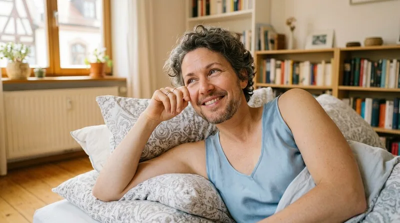 Frau öffnet Fenster und atmet tief durch — Box Breathing Technik für frische Luft und Fokus